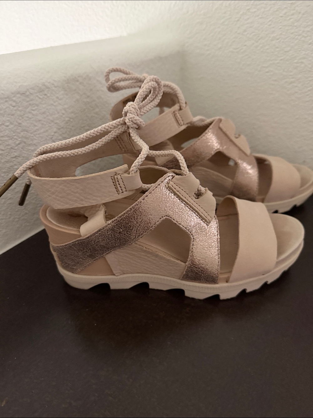 Sorel Beige Suede and Metallic Rose Wedge Sandals.